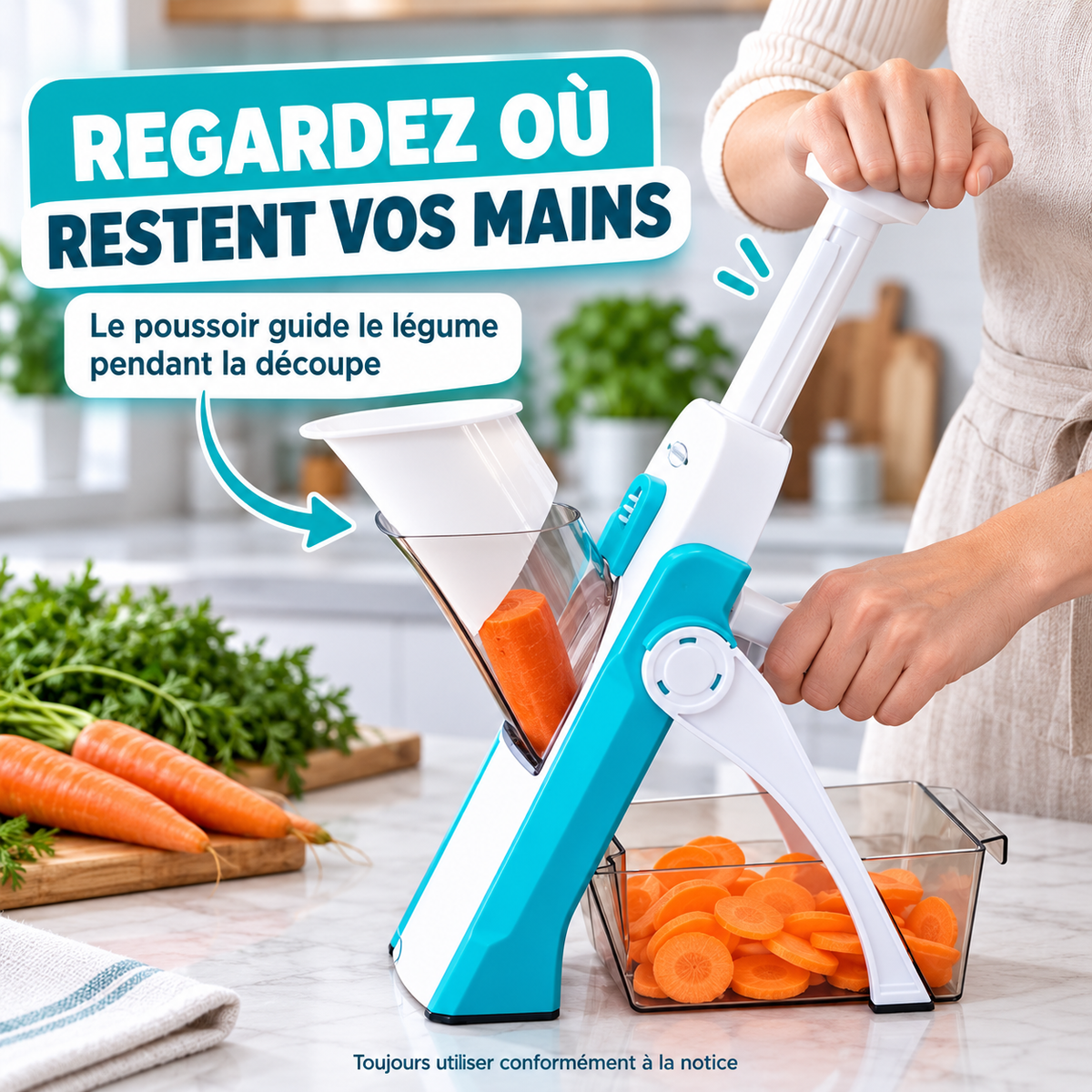 Utilisation du poussoir DécoupePro avec les mains éloignées des lames