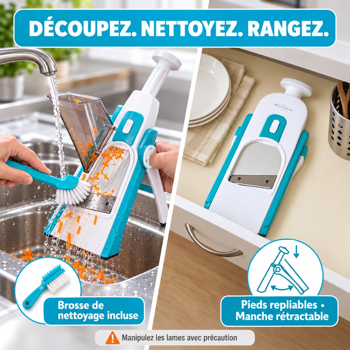 Nettoyage avec brosse et rangement compact de DécoupePro