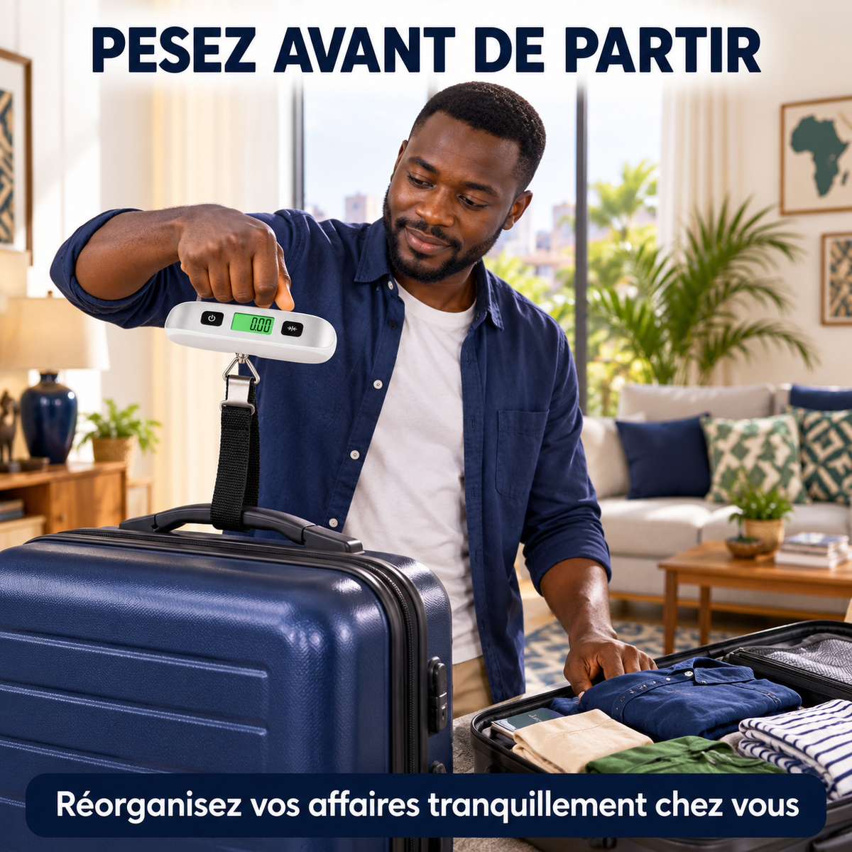 Voyageur pesant sa valise chez lui avant le départ