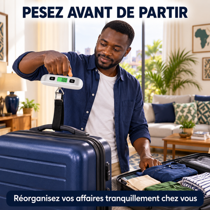 Voyageur pesant sa valise chez lui avant le départ