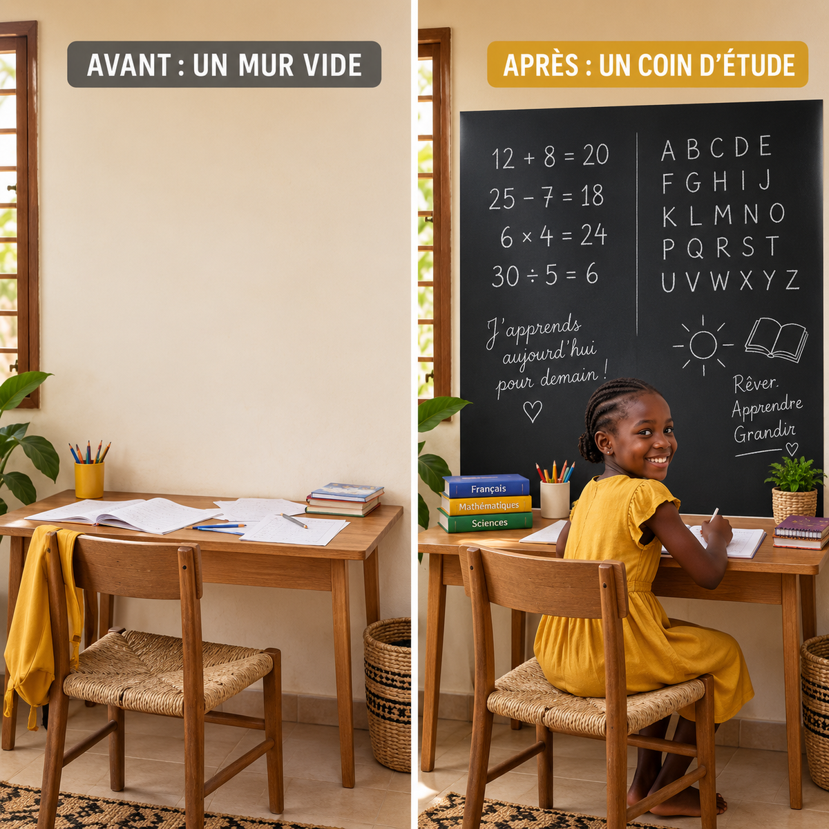 Mur-École – transformation d’un mur vide en coin d’étude